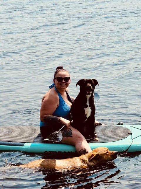 A woman sits on a paddleboard with a black dog beside her, while a yellow dog swims in the water nearby. The scene takes place on a calm body of water.